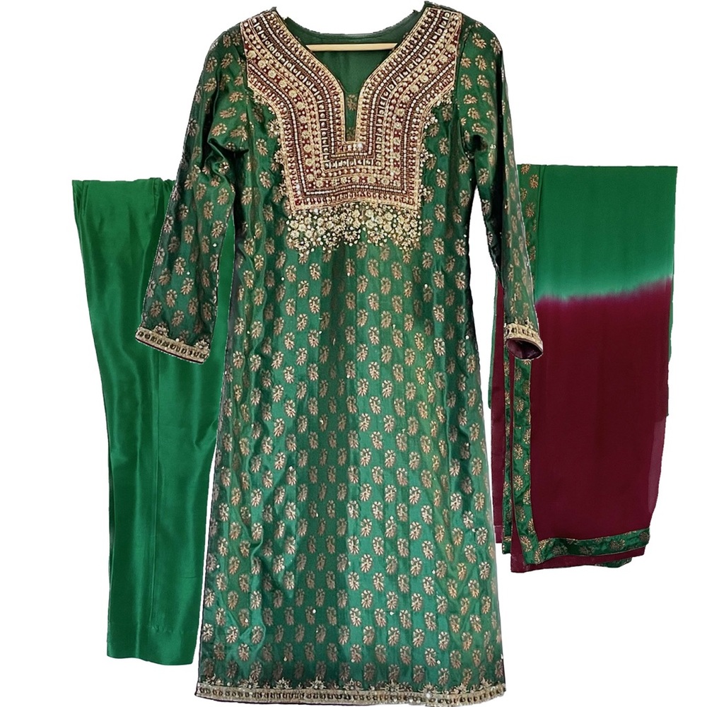 3 Piece Green Mehndi Suit with Pants and Dupatta